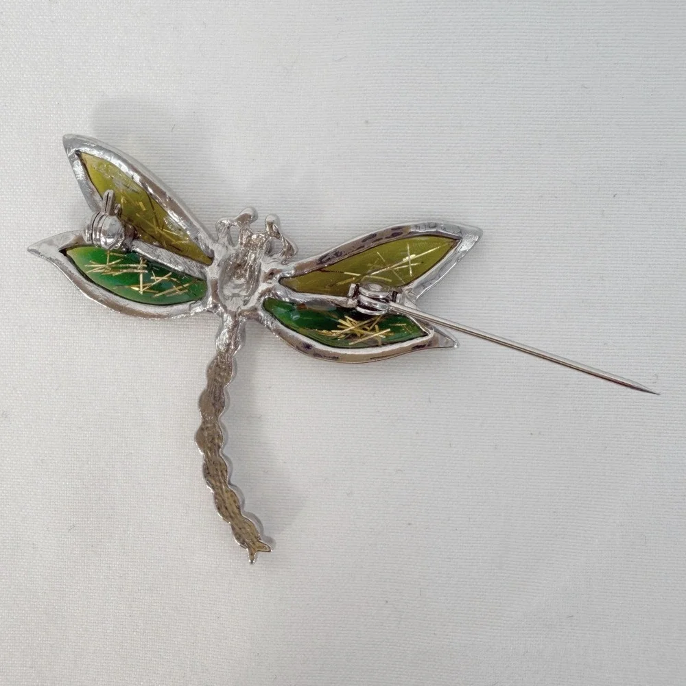 Silver Tone Dragonfly Brooch Green Yellow Enamel Wings Clear Rhinestone 103-235